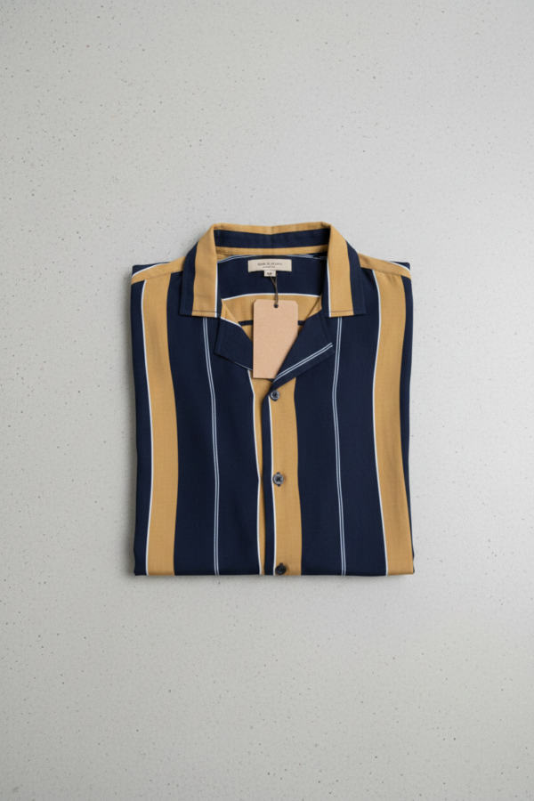 Gemini_Generated_Image_gb3bymgb3bymgb3b Cuban Collar China Fabric Shirt - Navy Blue & Mustard Stripe